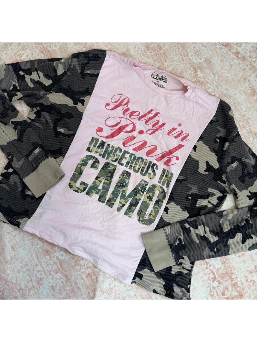 Upcycled “Pretty in Pink Dangerous in Camo” thermal tee 💕🪖✨